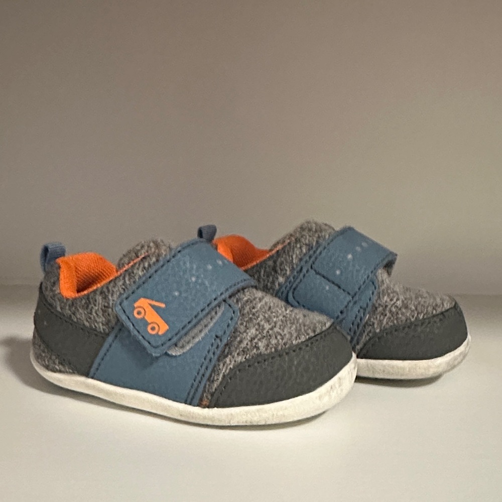 See Kai Run Gray and Blue Baby Shoes with Orange Accent